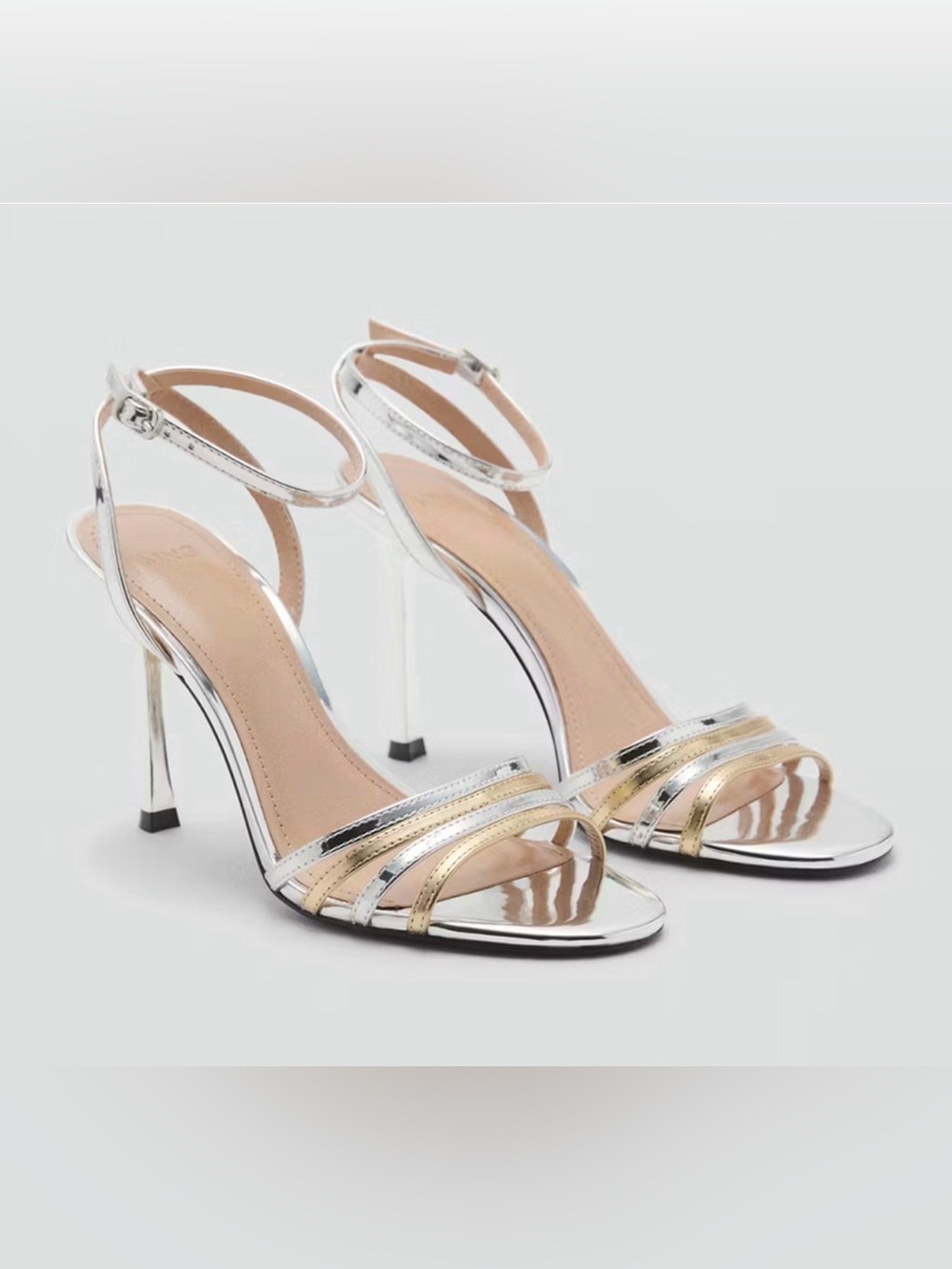 MANGO MNG GOLD SILVER COMBINED STRAP SANDALS HIGH HEELS PUMPS SHOES SZ 37 US 6.5